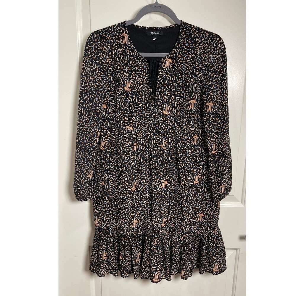 Madewell Black Silk Paisley Print Mini Dress Size 0 Boho Peasant